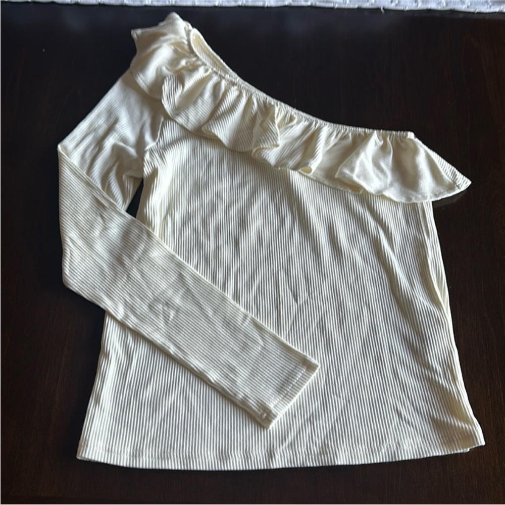 J. Crew Cream One-Shoulder Ruffle Ribbed Top - Picture 2 of 6
